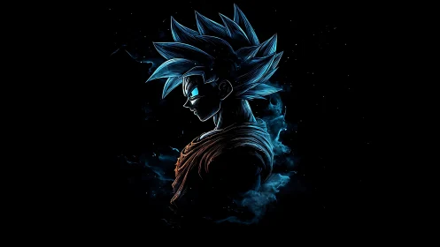 Blue-lit anime warrior profile against dark void.