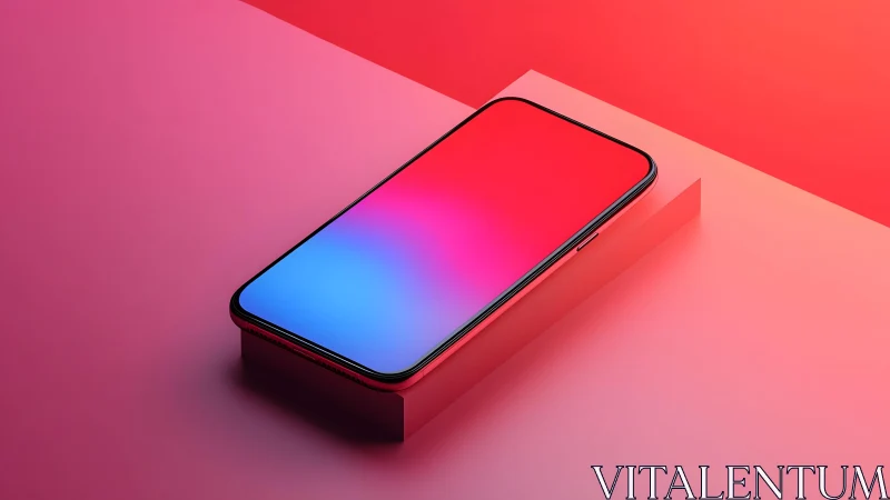 Modern smartphone with vibrant gradient screen on pink platform.