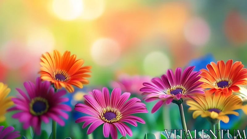 Gerbera daisies in vibrant orange, pink, and magenta tones with soft bokeh background.