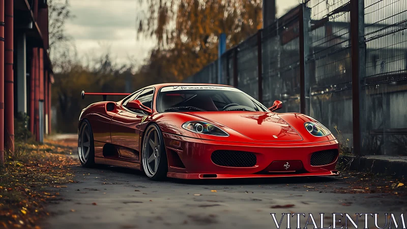 Red sports car glows against moody urban autumn backdrop