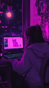 Artist at neon-lit workstation edits cat graphic under magenta glow
