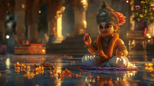 Baby deity idol in ornate temple with scattered flowers.