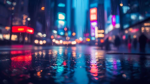 Neon reflections glow across a rainy city street at night.