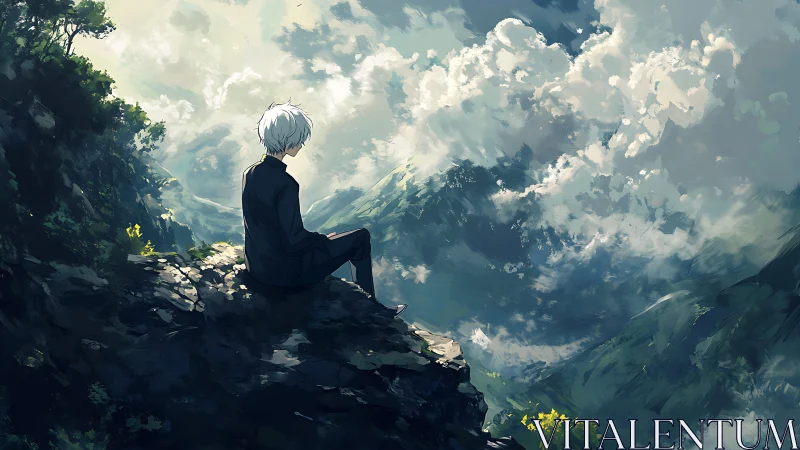 Solitary figure contemplates vast sunlit mountainscape