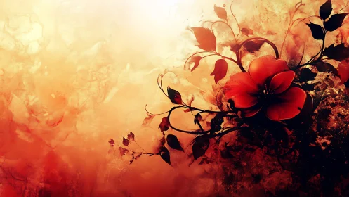 Red flower botanical composition with atmospheric gradient rendering and volumetric light diffusion 
