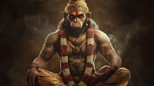 Divine monkey warrior sits in meditative golden smoke