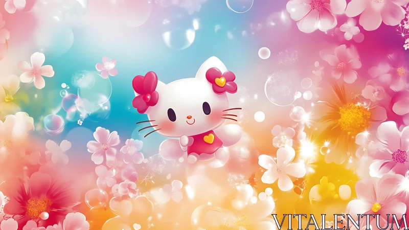 Candy-bright kitten floats through blooming pastel daydreams