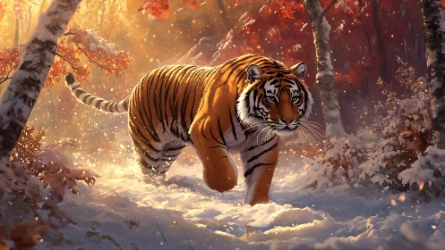 Tiger stride through glowing winter forest lightscape.
