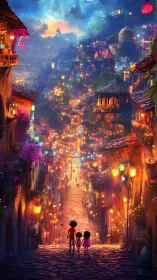 Lantern-lit hillside city where three children chase starlight.
