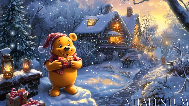 Winnie-the-Pooh holding gift in snowy holiday cottage scene.