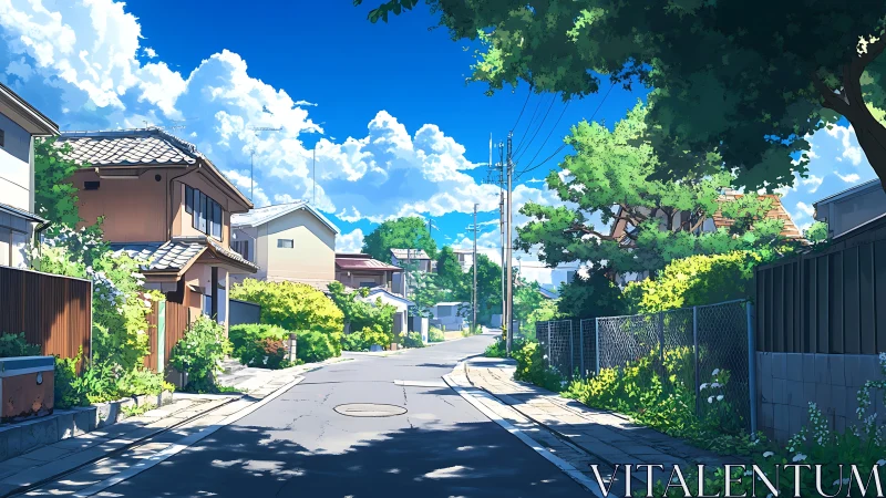Summer suburban street under deep blue sky, lush foliage.