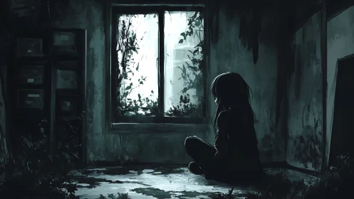 Solitary girl studies overgrown window in ruined room