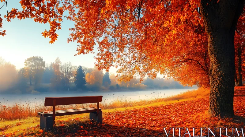 Golden autumn bench overlooks misty lakeside at sunrise.
