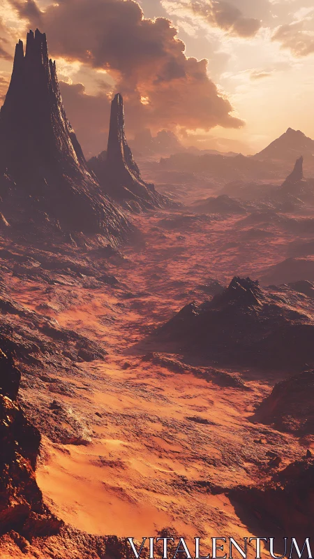 Sunset storms pour molten light across the alien valley