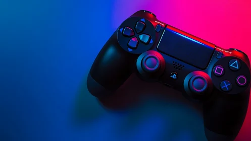 Gaming Controller Against Neon Blue and Pink Gradient Background.