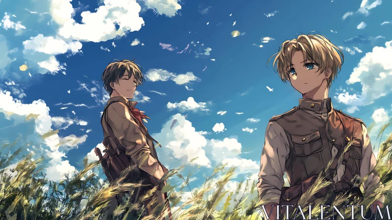 Two young soldiers stand in a windy summer field under sky.