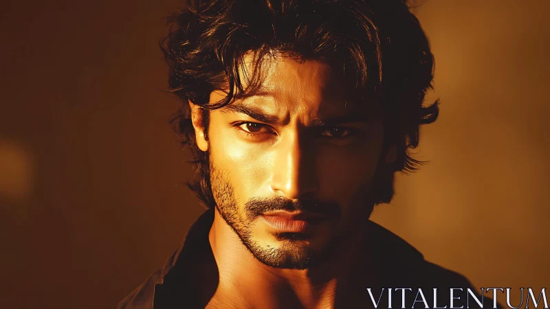 Cinematic low key male portrait in warm directional light.