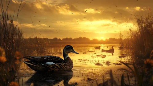 Solitary duck drifts across golden marsh at sunset