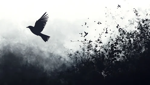 Monochromatic dove silhouette ascending from dispersing foliage particles