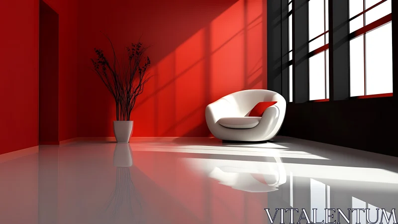 Red interior with white chair, potted branches, strong light.