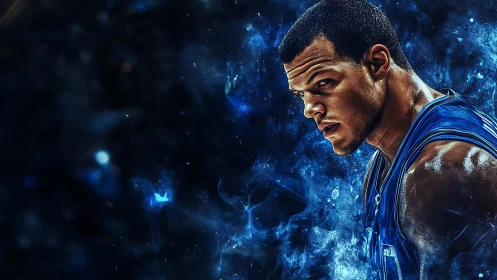 Digital portrait shows basketball player amid abstract blue smoke