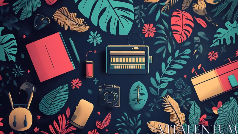 Retro creative gadgets layered over tropical vector foliage.
