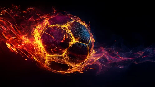 Flaming football arcs through darkness with molten energy.