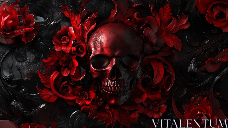 Crimson skull encircled by baroque roses and swirling petals.