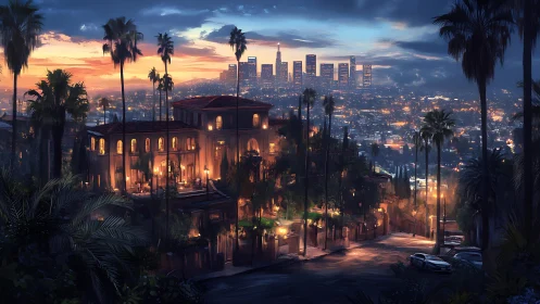 Hillside mansion above illuminated city skyline at dusk.
