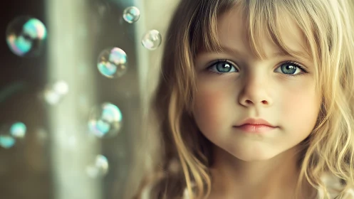 Child portrait with floating bubbles, soft golden-green lighting