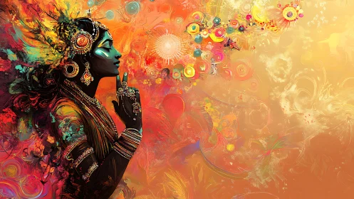 Mystic woman in vivid mandala swirls invokes silent grace.