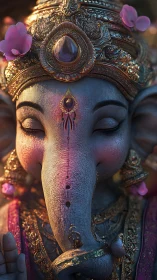 Detailed anthropomorphic elephant deity portrait in profile.