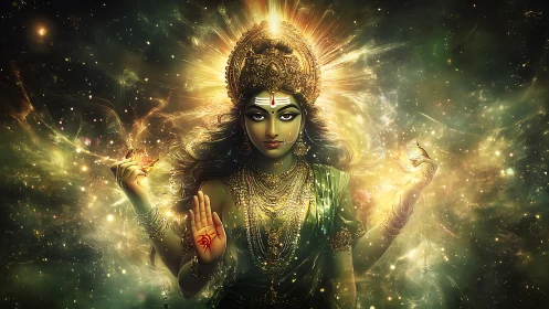 Cosmic goddess of starlit grace in swirling golden nebulae.