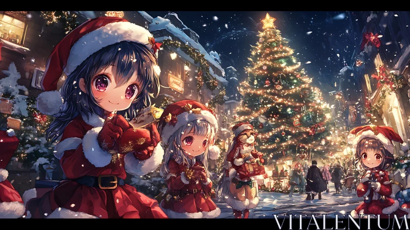 Smiling anime girls share gifts under a glowing Christmas tree