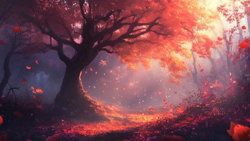 Curved tree dominates a red leaf forest lit by soft sunlight