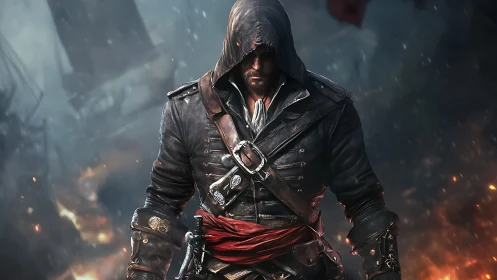 Hooded rogue strides through burning ruins with grim resolve