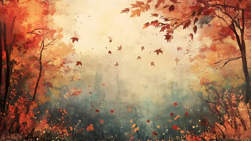 Autumn forest glows as wind lifts scattered crimson leaves.