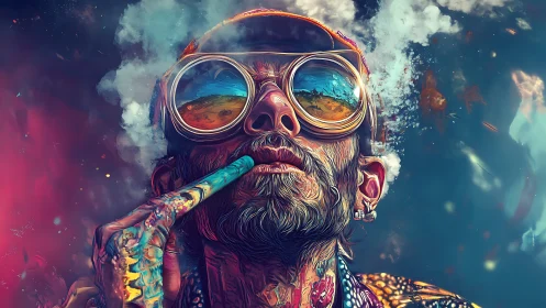 Psychedelic portrait shows reflective desert in mirrored goggles