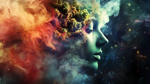 Dreaming through cosmic clouds and swirling nebula hues.