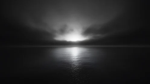 Monochrome seascape with distant horizon light source.