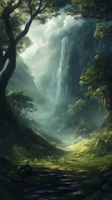 Mystical Forest Gorge with Cascading Waterfall