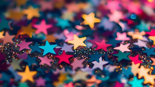 Colorful star confetti scatters across shimmering bokeh field.