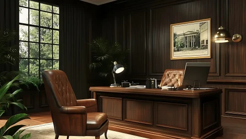 Sunlit classic office where polished wood meets calm focus.