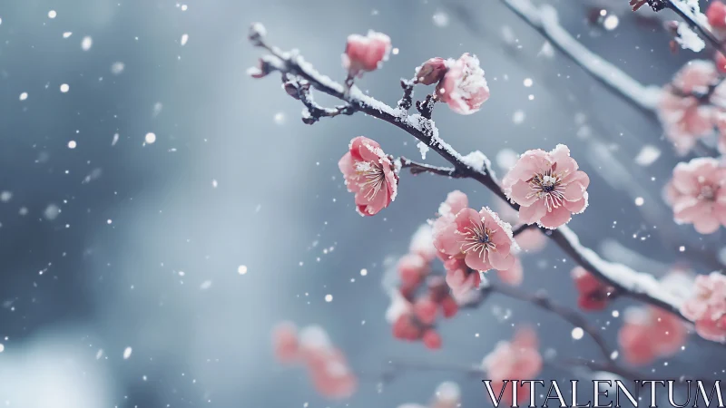 Frost-Laden Cherry Blossoms Against Snowfall in Soft Focus