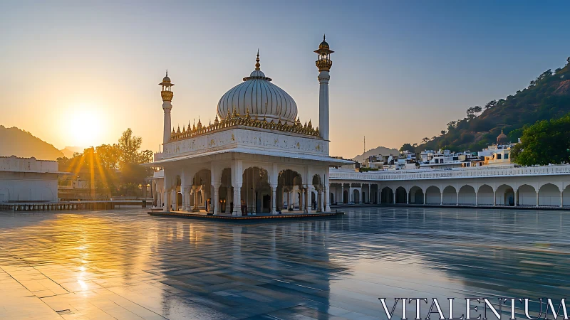 Sunlit marble shrine dreaming beside a mirrored courtyard.