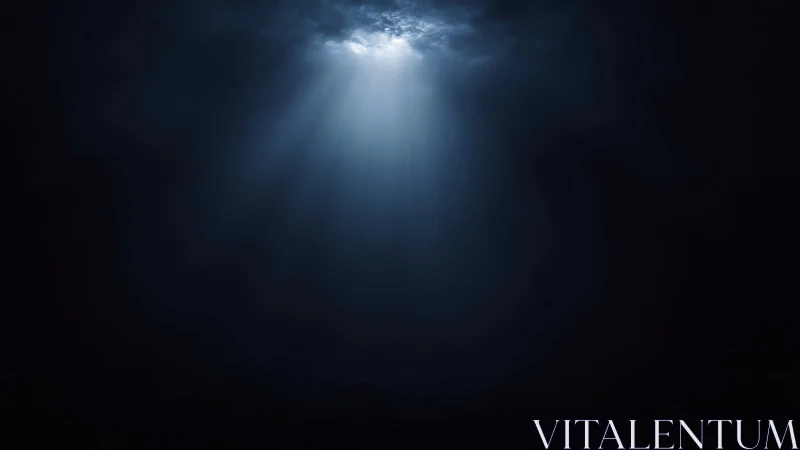 Lone celestial beam piercing dense night sky voids.