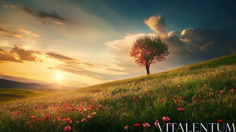 Solitary tree crowns a flowered hillside under radiant sunset