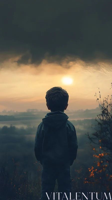 Solitary child watches a misty sunrise over quiet valleys