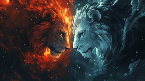 Dual elemental lion heads rendered with opposing fire and ice particle effects in dynamic contrast