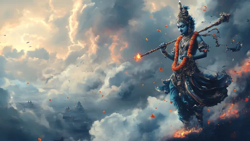 Blue-skinned deity strides through storm clouds with staff